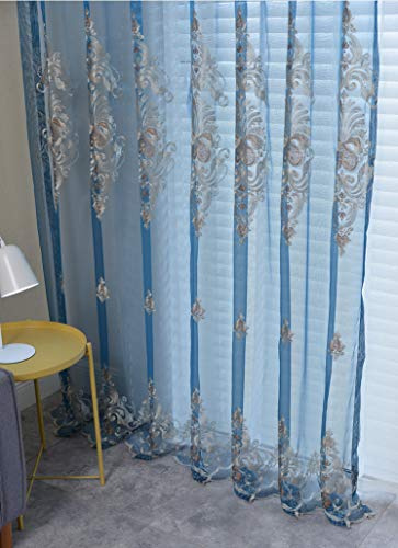 Lactraum Gardine Wohnzimmer Blau Tranparent Bestickt Vintage Klassische Begonie Voile mit Kräuselband 300 x 245 cm (BxH)