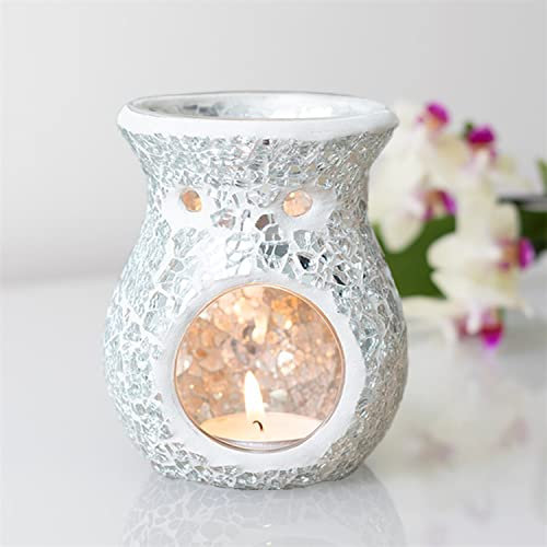 Silver Flared Crackle Oil Burner Small Lustre Mosaic Wax Melt Burner Single Tea Light Candle Holder Aroma Gift Lamp, for Women Men