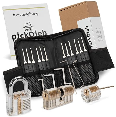 pickDieb - 26-teiliges Lockpicking Set mit 3 transparenten Übungsschlössern + Abdeckungen und Anleitung | Schlosszylinder aus Metall | Dietrichset für Anfänger und Fortgeschrittene