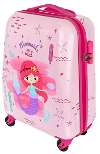 PERLETTI Meerjungrau Koffer Pink für Kleine Mädchen - Kinder Trolley Handgepäck 4 Rollen - Rosa Hartschalen Cabin Bag mit Zahlenschloss - Reise Kinderkoffer Ryanair 51x35x20 cm (XS)