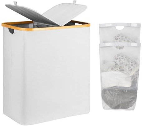 ADEL DREAM Laundry Basket With Lid 2 Compartments, Narrow Laundry Bag - Laundry Bin With Lid, Laundry Chest, Beige, 140L