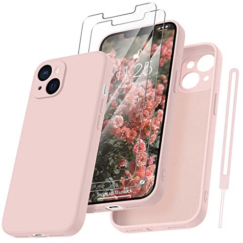 Qasyfanc Handyhülle für iPhone 13 Hülle mit 2 Stück Hartglas Schutzfolie, Silikon Case Ultra Dünn Microfiber Kameraschutz Rundumschutz Anti-Kratzer Handyhülle für iPhone 13 6.1''- Rosa