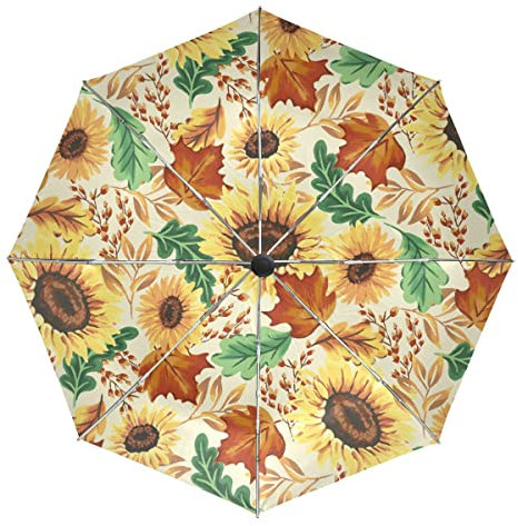 Automatic Folding Umbrella Windproof Strong, UV Protection Compact Umbrella, Autumn Sunflowers with Cream Sun Rain Travel Umbrellas for Women Men Kids