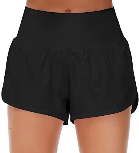 Origiwish Women's High Waisted Running Shorts with Liner Quick Dry Athletic Workout Shorts Zipper Pockets Black