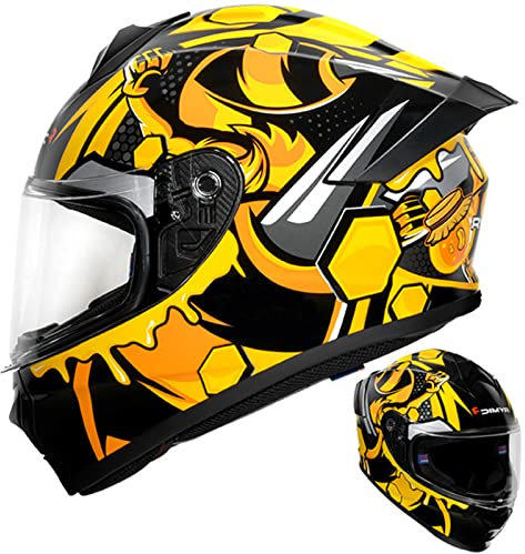 DXDRT Snowmobile Motorrad Integralhelm, Street Bike Lightweight DOT/ECE Approved Helm Mit Heckflügel, Touring Sport Schutzhelme Mit Klarem Visier Für Erwachsene Männer Frauen,Gelb,L