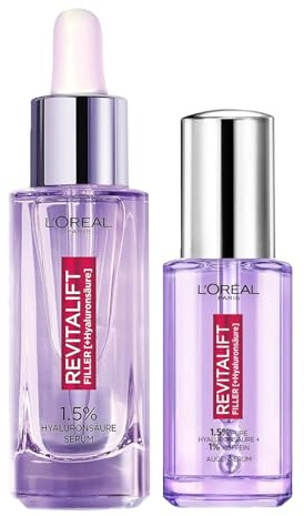 L'Oréal Paris ögonserum med 1,5% hyaluronsyra och 1% koffein för ett strålande ögonområde, 1 x 20 ml & L'Oréal Paris Hyaluron Serum, Revitalift Filler, Anti-Aging ansiktsvård, Anti-rynkor, 30 ml