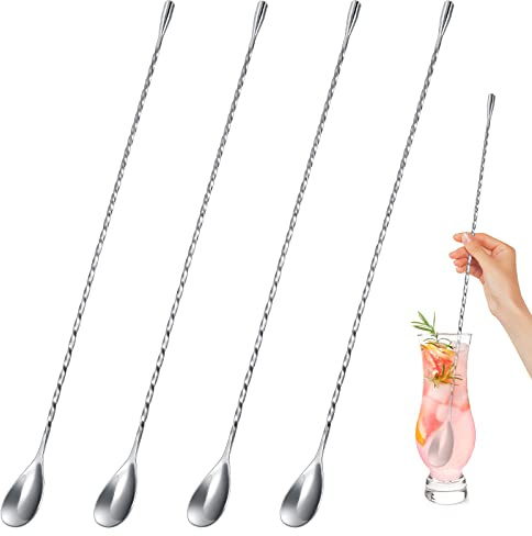 Roshtia 4 Pcs 15.7 Inches Bar Spoon Stainless Steel Cocktail Stirrer Mixing Spoon Spiral Pattern for Bar Cocktail Shaker Tall Cups(Silver)