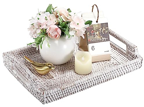 IGNPION Rattan Serving Tray Home Bathroom Guest Towel Decorative Display Woven Table Storage with Handle Desktop Organiser for Tableware, Kitchen, Ornament, Whitewash, 34x24cm (IGPUK0673)