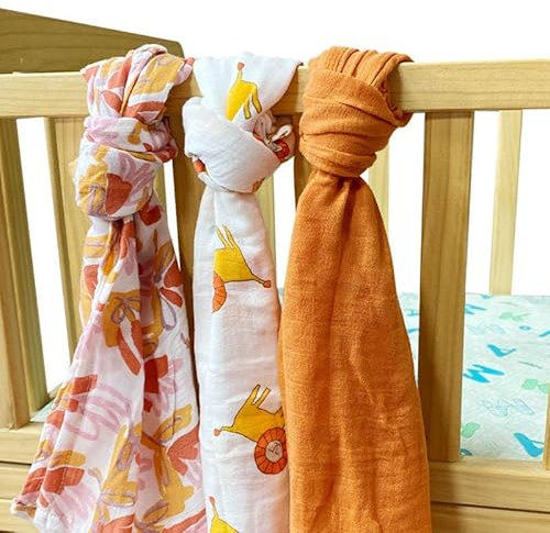Alimos Organic Bamboo and Cotton Muslin Cloths - Soft and Gentle Baby Swaddle Blankets - Multi-Purpose Burp Cloths and Nursing Covers (60_x_60_cm, Orange)