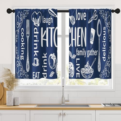Arttown Blue Kitchen Curtains 36 Inch Length Modern Window Short Tier Curtains Over Sink Set of 2, White Doodle Abstract Art Small Kitchen Decor