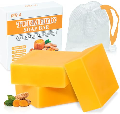MR.A 3Packs Turmeric Soap Bar, Organic Tumeric Soap for Face and Body, Lemon Turmeric bar Soap with Vitamin C, E for All Skin Type, Tumeric Face Wash for Smoothing, Moisturizing skin