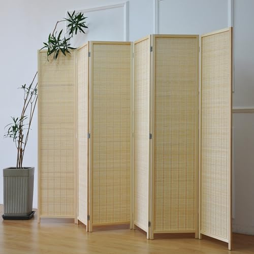 Furnnylane 6 Panel Bamboo Room Divider – 5.6 ft Tall Folding Privacy Screen, Natural Beige Freestanding Room Partition Wall (67 x 92.1, 6-Panel)