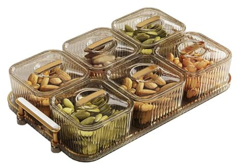 6-teiliges Snack-Serviertablett, quadratisches Gewürz-Geschirrregal-Organizer-Set mit Deckel, abnehmbare Snack-Schalen, Servierplatte für Zuhause, Küche, Snacks, Gewürze, Organisation, Gold (Gold)