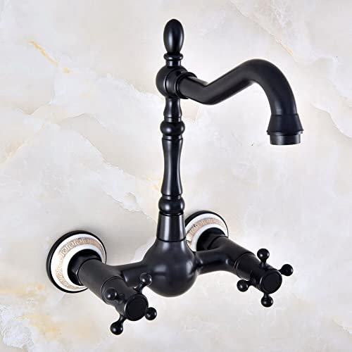 Waschbecken Wasserhahn, Schwarz Bronze Badarmaturen 360-Grad-Schwenkwand-Waschtischarmatur Doppelgriff Heißer und Kalter Küchenarmatur