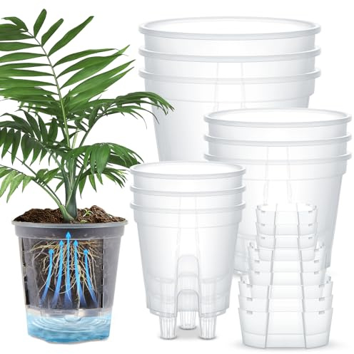 Wonderjune Selbstbewässernde Töpfe für Zimmerpflanzen mit tiefem Reservoir und hohen Drainagelöchern für Outdoor-Pflanzen und Blumen, wurzelnackter Übertopf (12 cm, 15 cm, 18 cm, transparent, 9 Stück)