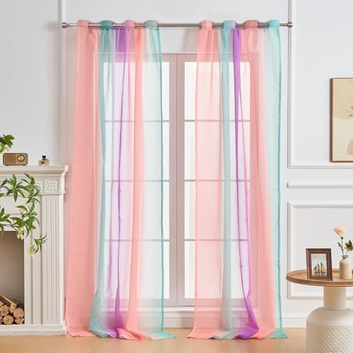 NETMEO 2 Paneele transparente Vorhänge, Vorhänge für Mädchenzimmer, Schlafzimmerdekor-Vorhänge mit Einhornmotiv, lichtdurchlässige Vorhänge für das Wohnzimmer (Rosa Grün Lila, B132xH213 cm)