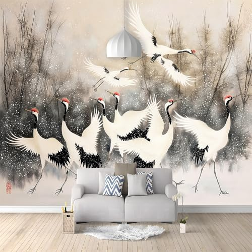 Papier Peint Panoramique, Peinture À L'Encre Animal Grue À Couronne Rouge Papier Peint Intissé pour Salon, Chambre, Bureau 300x210cm, Moderne Décoration Murale, Couleur Claire Grandes Murales Poster