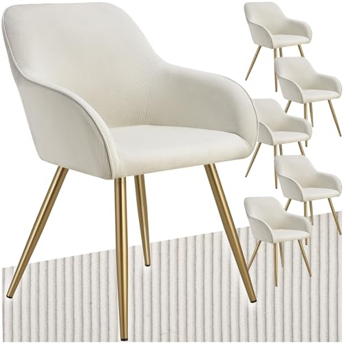 tectake® 6X Esszimmerstuhl, Sessel bequem mit Armlehne, Polsterstuhl, Cord Cocktailsessel, Loungesessel für Wohnzimmer, Esszimmer, Moderne Küchenstühle, Bürostuhl - Creme/Gold