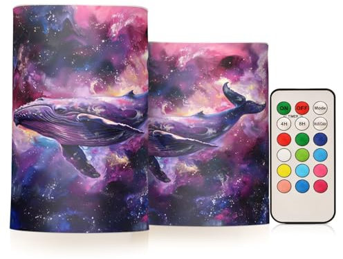 Flickering Flameless Candles Whale Swimming in Space LED Candles with Remote Timer Set of 2 Battery Operated Candle Home Decoration