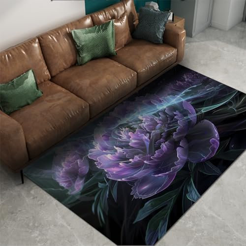 Via Vela Orientteppich 120x180cm - Lila Farbverlauf Verträumt Reiche Pfingstrosenblüten Maschinenwaschbar Rutschfester dünner Teppich mit niedrigem Flor für Konferenzraum