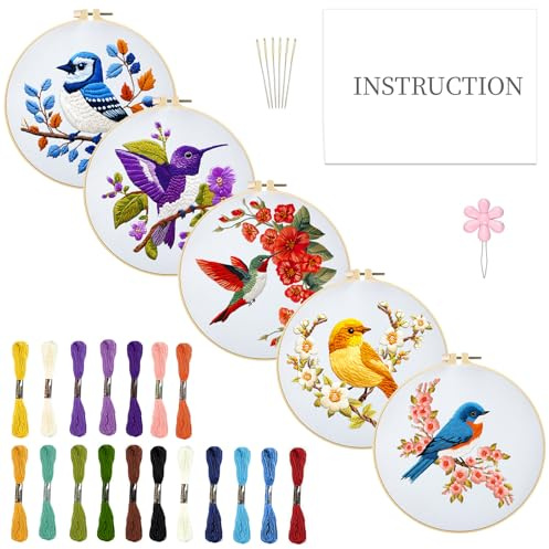 INFUNLY 5 Set Vogel Und Blumen Sticksets für Anfänger DIY Kreuzstich Startersets Mit Anleitung Farbenfrohe Handgefertigte Nadelspitze Sets Mit Sticktuch Farbigen Fäden Rahmen Werkzeugen