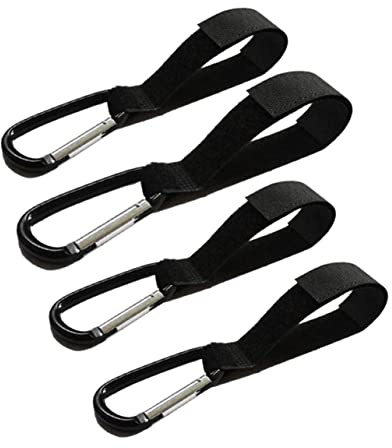 Kinderwagenhaken 4 Stück mit Nylon Kletterverschluss für Taschen | Babywagen und Rollator, Schwer Belastbar, Schlichtes Design, Schwarz, Einkaufs und Kurztrip Begleiter