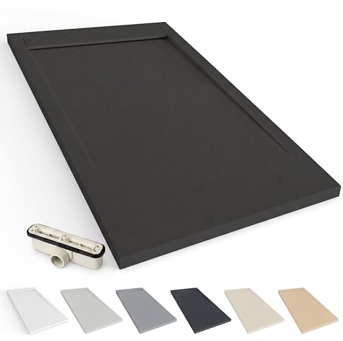 NEBADOON Plato de Ducha Resina Venecia Antideslizante 80x120 Negro | Antibacteriano, textura pizarra cálida al tacto, válvula 60 l/min incluida, corte a medida, fabricado en España