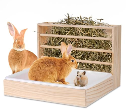 MUALROUS 2-in-1-Kaninchen-Heu-Futterspender, Hasen-Heuraufe mit Kunststoff-Katzentoilette Heu Futterspender Manger für Kaninchen Meerschweinchen,Katzentoilette und Futtertrog aus Holz