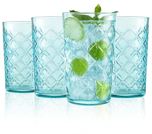 CREATIVELAND Drinking Highball Glasses Set of 4, Vintage Cross Hatch Glass Cups, 15.5oz Tall Drinking Water Glasses, Dishwasher Safe Blue Glass Tumbler Glassware for Water, Juice, Cocktail, Coffee