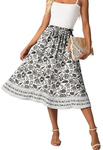 GRECERELLE Women's Summer Midi Skirt with Pockets and Elasticated Waist | Palazzo Boho Flowy Casual Skirts, Elasticated Drawstring Waist, Adjustable Tie Belt, for Vacation Holidays Styling