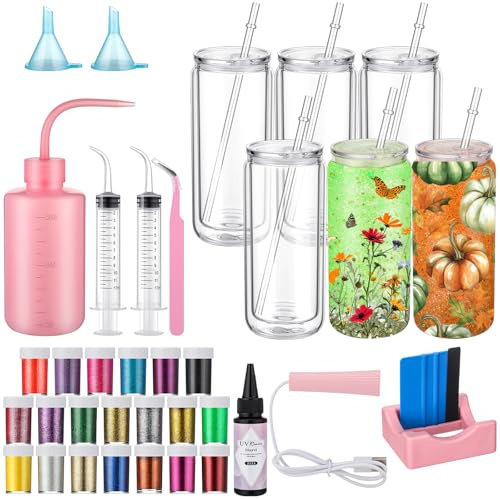 Meanplan Kunststoff-Schneekugel-Zubehör-Set, vorgebohrt, doppelwandig, transparent, 12 Farben, Glitzer, Trichter, Pinzette, gebogene Spritze, UV-Harz, Taschenlampe, Becherhalter, Schaber