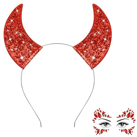 AIEDECOPT Teufelshörner Haarreif mit Glitzersteine Gesicht, Teufel Ohren Haarband,Halloween Haarschmuck Kopfschmuck,Teufelsohren Devil Ears für Karneval Halloween Party Teufel Kostüm Accessoires (A)
