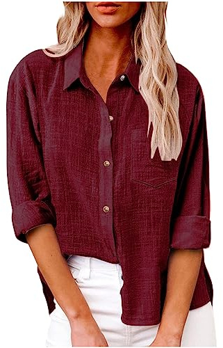 Ladies Linen Tops,Womens Cotton Linen Shirts Long Sleeve UK Oversized Button Down Summer V Neck Roll Up Collared Tee Shirt Dressy Casual Blouse Office Work Tunic Top Plus Size 8-22
