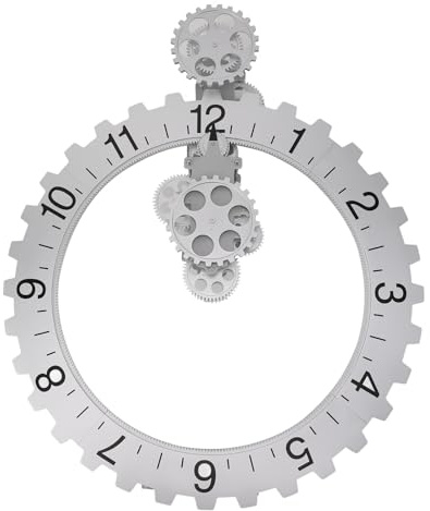 GYZOUKA 3D-Uhr mit Beweglichem Zahnrad, Retro, Große Hängende Rotierende Mechanische Wanduhr mit Nahtlosem 304-Edelstahl für Wohnzimmer, Büro, Arbeitszimmer (Silber)