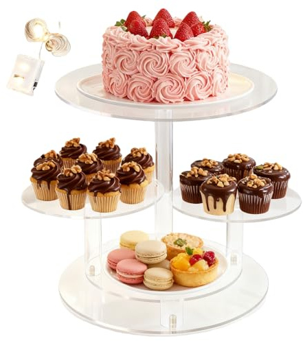 4 Etages Présentoir à Cupcakes en Acrylique, Présentoir à Gâteaux con Lumineuse Décorative à LED, Presentoirs Aperitif Buffet Transparent, Tour à Dessert pour Mariage Fête Anniversaire(Ø 30/18,7 cm)