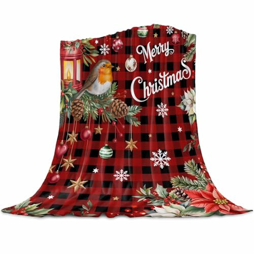 Christmas Robin Bird Throw Blanket, Poinsettia Floral Holly Fruit Xmas Ball Super Soft Warm Flannel Blankets for Bed Couch Sofa Red Plaid Lightweight Fluffy Plush Bed Throws 40x50 Inch