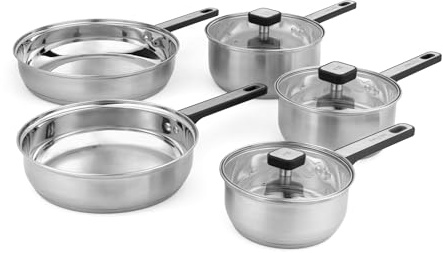 Salter Expert 5-Piece Stainless Steel Pan Set - Heat-Resistant Cool Touch Handles, PFAS-Free, Tempered Glass Lids with Steam Vent, Induction Safe, 24/28cm Frying Pans, 16/18/20cm Saucepans with Lids