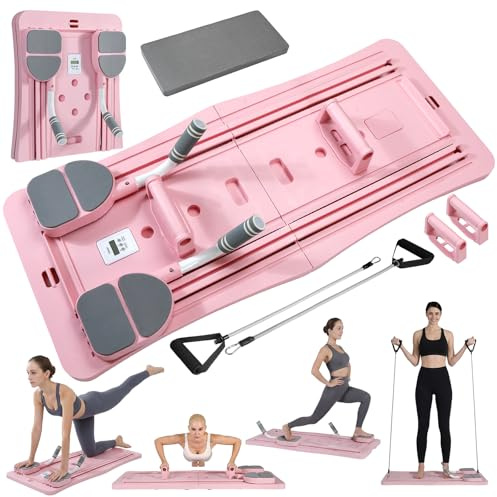 Pilates Board Faltbarer, mit Widerstandsbänder, Timer, 3 Zubehör, Plegable Zuhause Reformer für Pilates Maschine Multifunktions Equipment Set, für Frauen Ganzkörpertraining Familienfitness