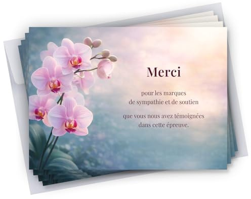 Cadeau Parfait Lot de 25 Cartes de remerciements décès condoléances + 25 Enveloppes autocollantes • Visuel Orchidée • Format 10x15 cm