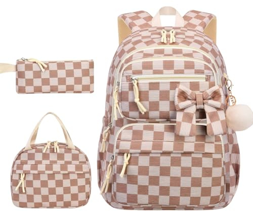 SellerFun Teen Girls Corduroy Multi-Compartment School Backpack Optional Set Bow Pom Side Pockets Trolley Sleeve Back Pocket(Brown Beige 3-Piece Set, 23 Liters)