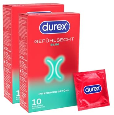 Durex Gefühlsecht Slim Kondome – Dünne Kondome mit schmaler Passform & mit Silikongleitgel befeuchtet – 20er Pack (2 x 10 Stück)