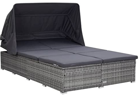 vidaXL Sonnenliege 2-Personen mit Auflage Klappdach Gartenliege Doppelliege Relaxliege Gartenmöbel Liege Strandliege Poly Rattan Grau
