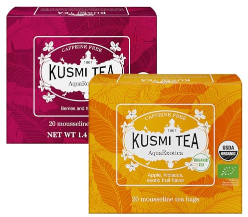 Kusmi Tea - AquaExotica + AquaRosa - Infusiones Orgánicas Afrutadas y Sabrosas - Tisana sin Teína - Disfrutar Caliente o con Hielo - Juego de 2 Cajas de Té - 2x20 Bolsas de Té