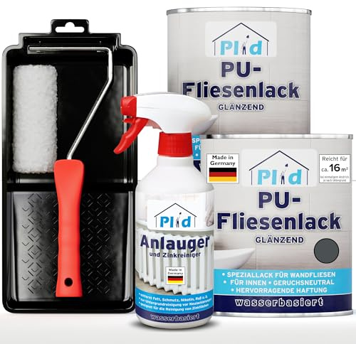 Plid Fliesenfarbe Anthrazitgrau Glänzend 1,5 l – mit Lackierset | Fliesenlack Bad & Küche | Feuchtigkeitsbeständig | Hochdeckend | Wandfliesen Innen | ca. 16 m² | Made in Germany