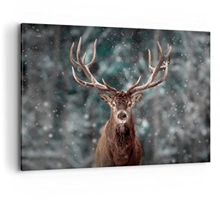 ARTTOR Bilder auf Leinwand 100x70cm Leinwandbild Hirsch Hirsch Winter Groß Wanddeko Bild Schlafzimmer Küche Deko Wandbilder Dekoration Wohnzimmer Wall Decor Canvas Wand Kunstdruck Art AA100x70-4998