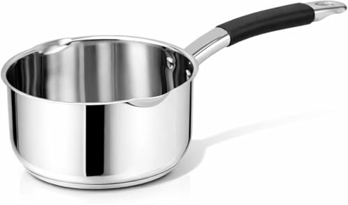Stainless Steel Milk Pan with Double Pouring Lips with Heat-Resistant Handle Saucepan for Gas, Electric & Ceramic Hobs (18 cm Diameter - 2 Litre)