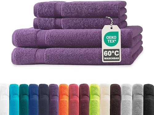 Müskaan® 4er Handtuch Set Lila, 100% Baumwolle, 500g/m² – 2X Duschtuch 70x140cm & 2X Handtuch 50x100cm – Öko-Tex, Frottee Handtücher Set Baumwolle, Handtuchset Lila, 60°C waschbar, Frotteetücher