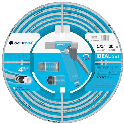 CELLFAST Ideal Gartenschlauch Set, 4-lagig, 1/2 Zoll, 20 m, flexibel | Sprinkler, UV- und algenbeständig, robust, Reach-Technologie, 27 bar, -20/+60°, Gartenschlauch-Set