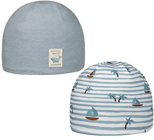 maximo GOTS Kids Wendemütze Beanie Kindermütze Baumwollmütze Kinder - Made in Germany mit Futter Sommer Frühling-Sommer - 49 cm blau-grau