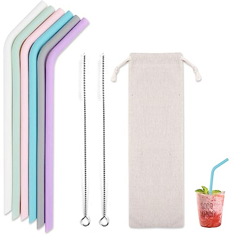 QZDAFFIC 6PCS Reusable Silicone Straws, 2 Straw Cleaner Bottle Brush with Cloth Bag,Portable Bendy Straws Colorful Travel Straw for Smoothie Slushie Milk Coffee Juice